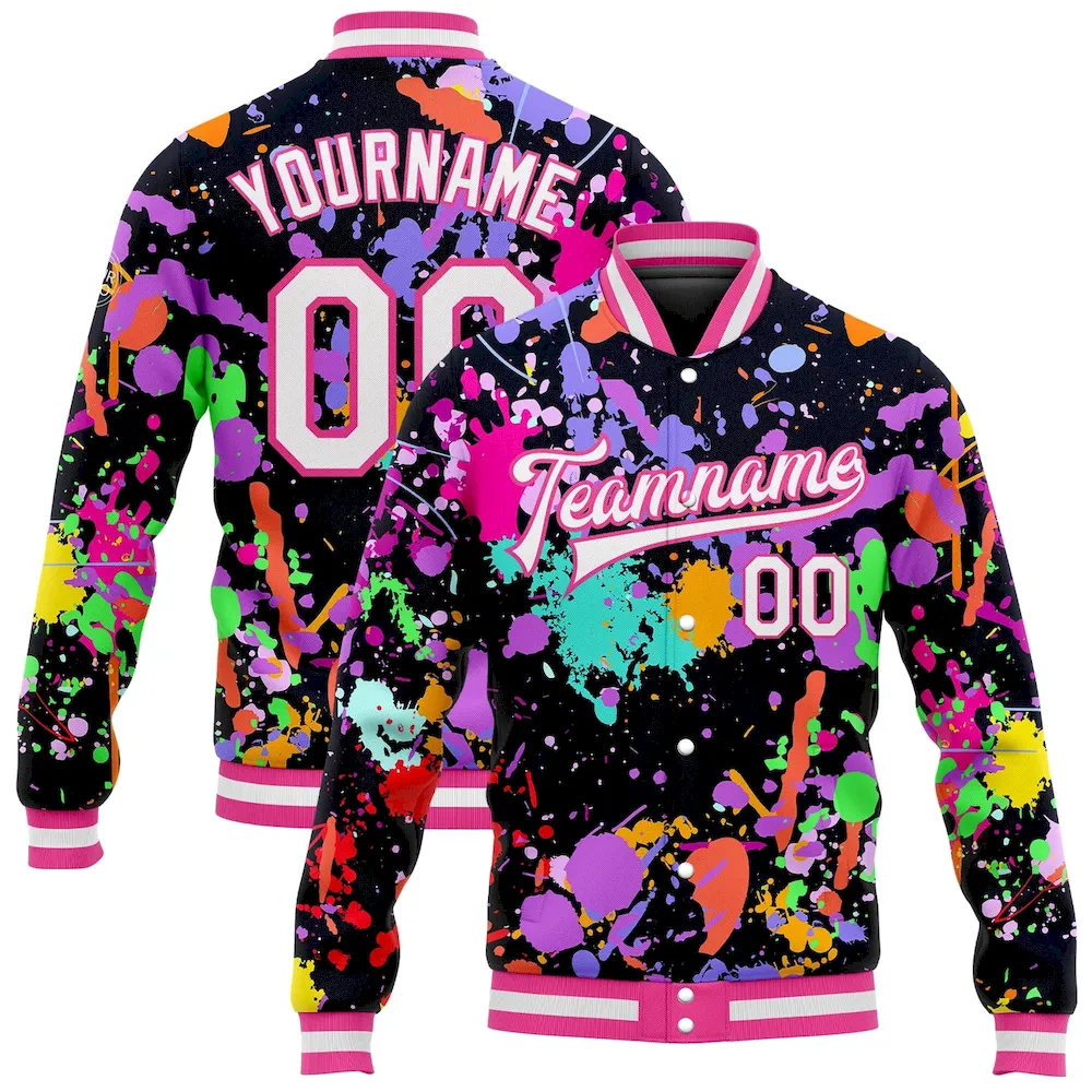 Jacket0351.webp Custom Graffiti Pattern White-Pink Splashes 3D Bomber Full-Snap Varsity Letterman Jacket - Image 1