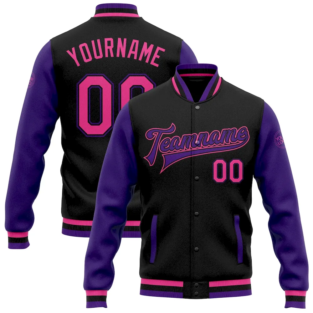 Jacket0790.webp Custom Black Pink-Purple Bomber Full-Snap Varsity Letterman Two Tone Jacket - Image 1