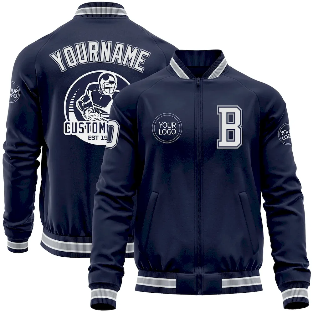 Jacket4947.webp Custom Navy White-Gray Bomber Varsity Letterman Zipper Jacket - Image 1