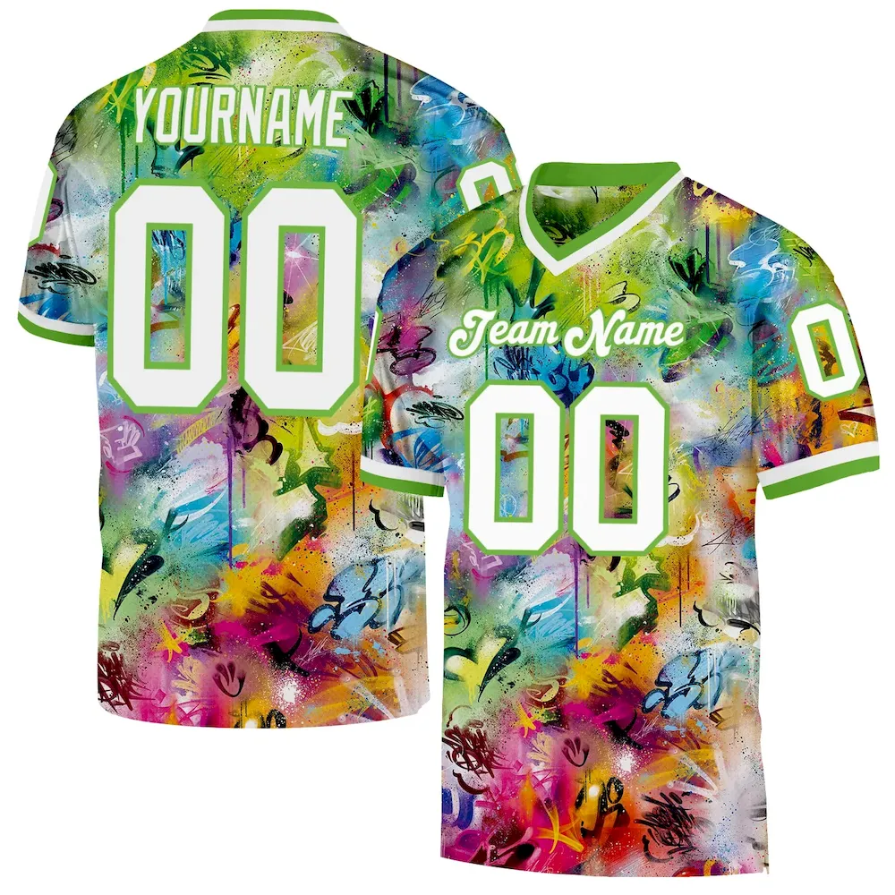 graffiti_pattern_0033.webp Custom Graffiti Pattern White-Neon Green 3D Mesh Authentic Throwback Football Jersey - Image 1